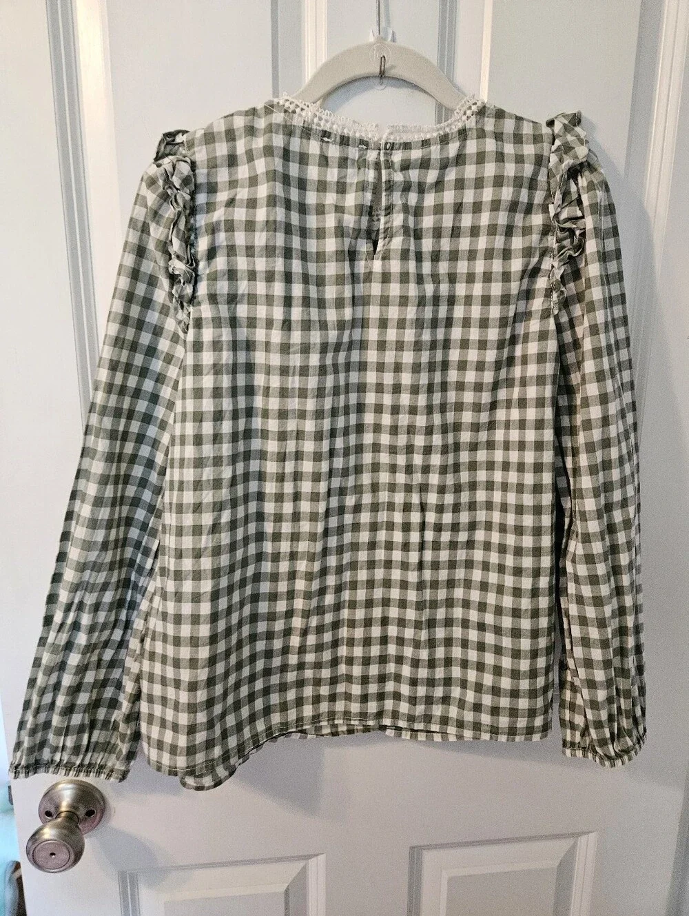 J. Crew Checked Puff-Sleeve Blouse in Sage Green